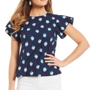 Draper James Blue Strawberry Cloister Print Short Flutter Sleeve Cotton Size 14